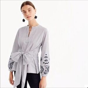 J Crew | Embroidered Tie Front Tunic Top Womens S White Striped Long Sleeves